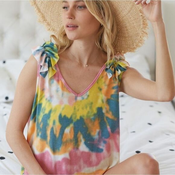 🤩SALE🤩 BiBi Tie Dye Knit V Neck Top Ruffle Strap Colorful Tank Top - Picture 8 of 8